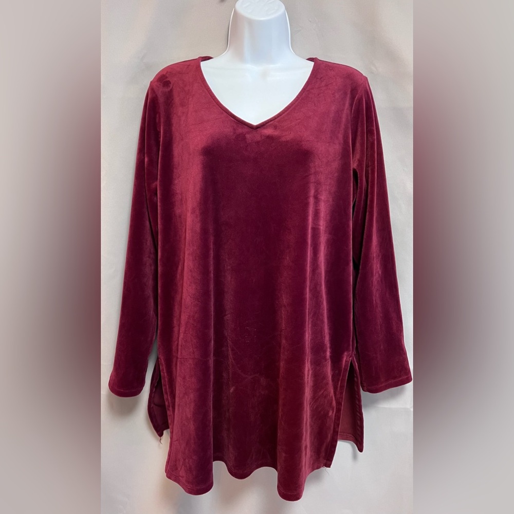 Pure J Jill Sz Large Bordeaux Velour Velvet Tunic V-Neck Long Sleeve Stretch